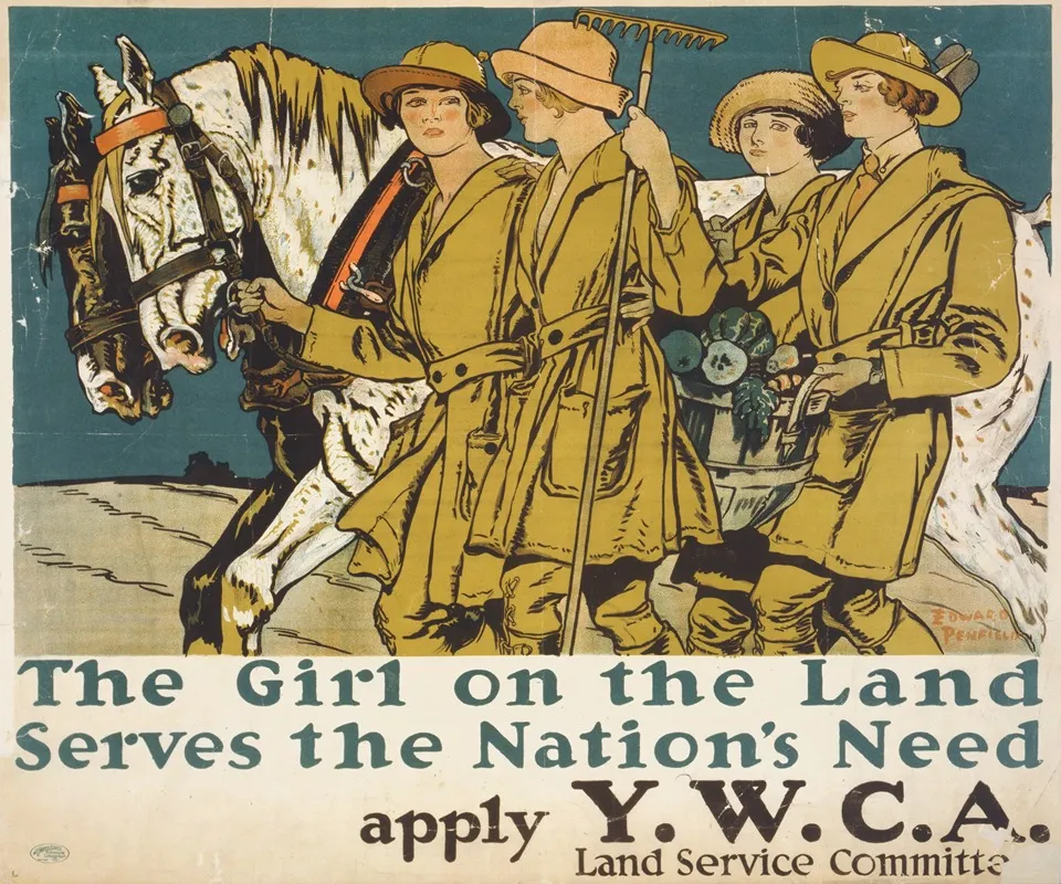 The Girl On The Land Serves The Nations Need Apply Y W C A Land Service Committee Wall Art by Edward Penfield - High-Resolution Digital Print