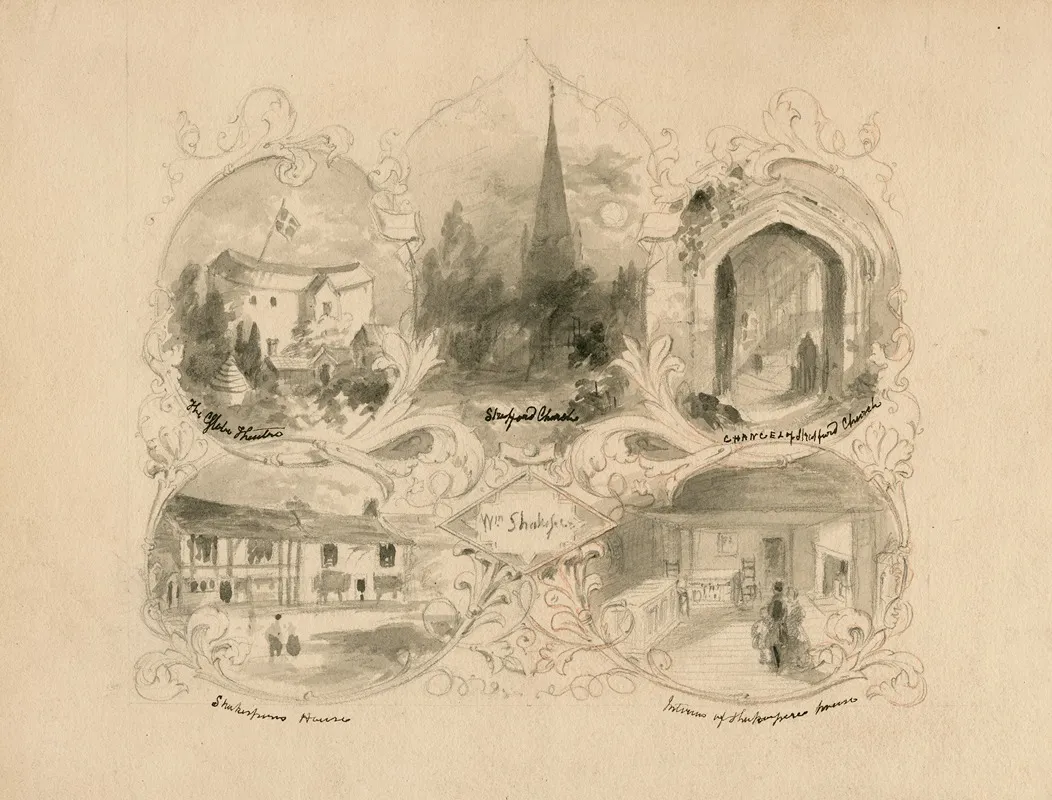 The Globe Theatre Stratford Church Chancel Of Stratford Church Shakespeares House Interior Of Shakespeares House Wall Art by John Augustus Atkinson - High-Resolution Digital Print