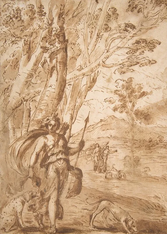 The Goddess Diana With Her Hounds Standing In A Landscape Wall Art by Agostino Tassi - High-Resolution Digital Print