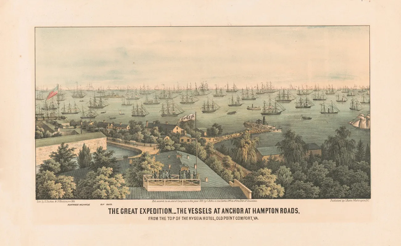 The Great Expedition The Vessels At Anchor At Hampton Roads From The Top Of The Hygeia Hotel Old Point Comfort Va
