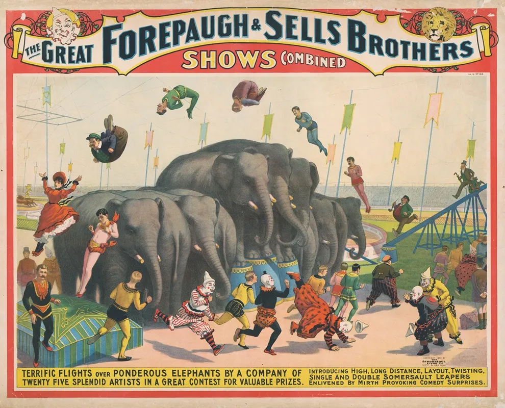 The Great Forepaugh Sells Brothers Shows Combined Terrific Flights Over Ponderous Elephants