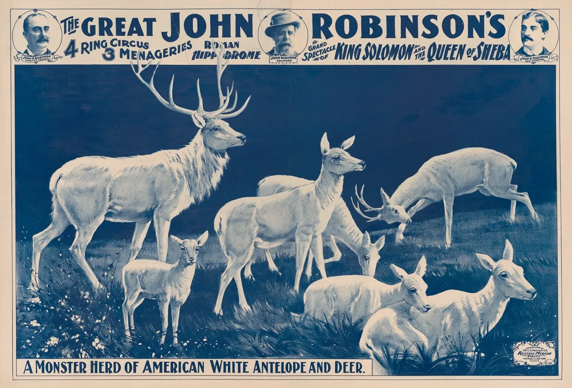 The Great John Robinsons 4 Ring Circus A Monster Herd Of American White Antelope And Deer Wall Art by Russell, Morgan &amp; Co. - High-Resolution Digital Print