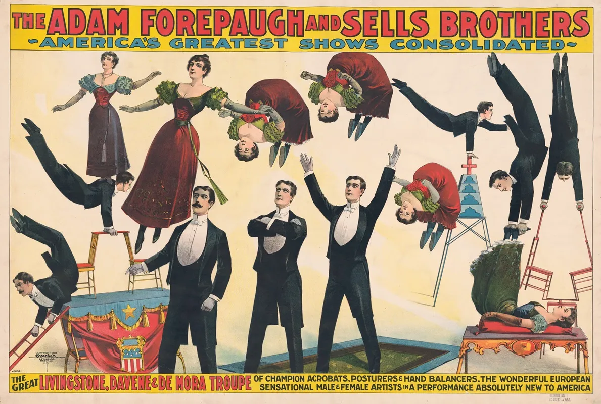 The Great Livingstone Davene De Mora Troupe Of Champion Acrobats Posturers And Hand Balancers Wall Art by Courier Litho. Co. - High-Resolution Digital Print
