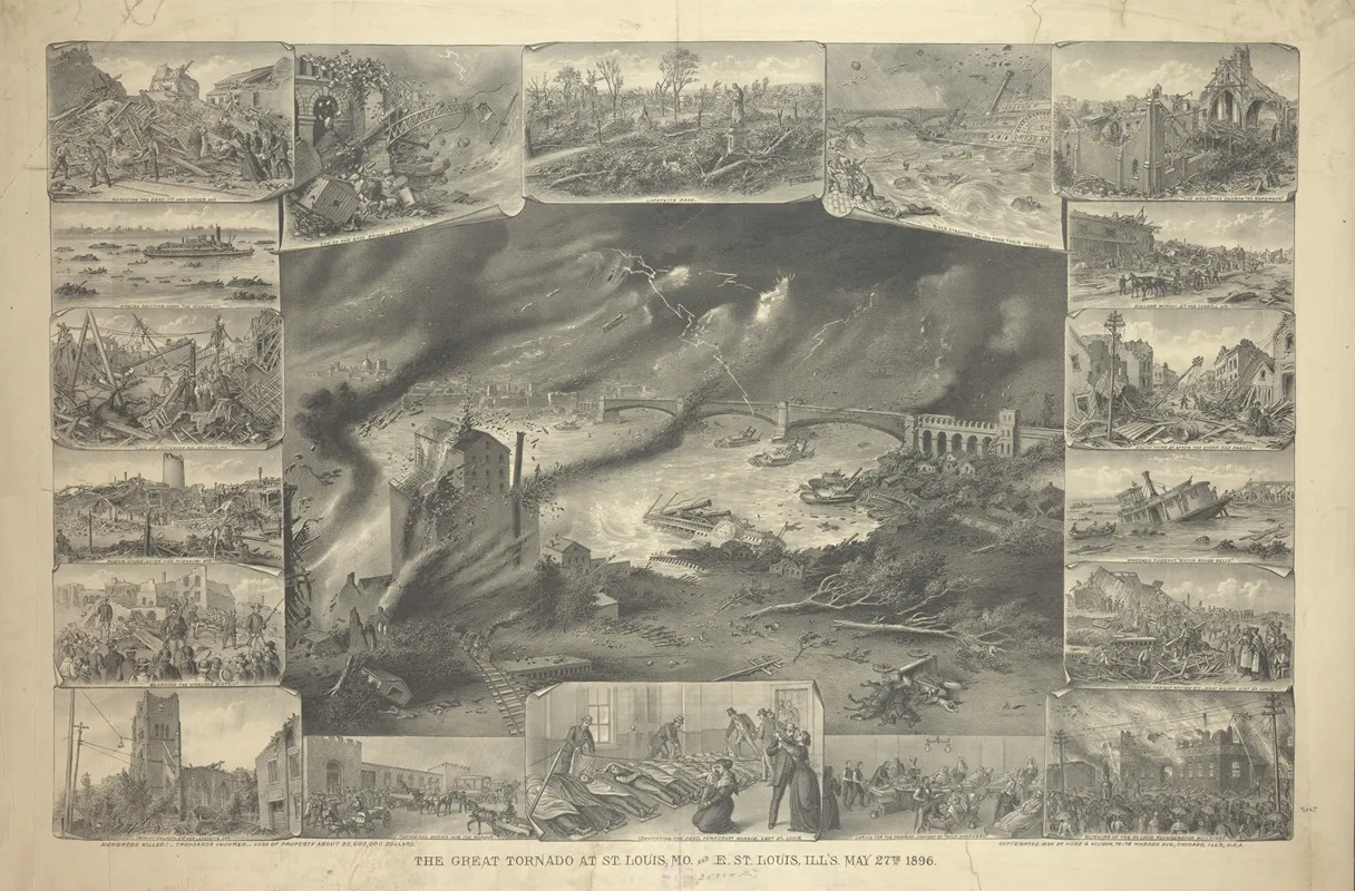 The Great Tornado At St Louis Mo And E St Louis Ills May 27th 1896 Wall Art by Kurz & Allison - High-Resolution Digital Print