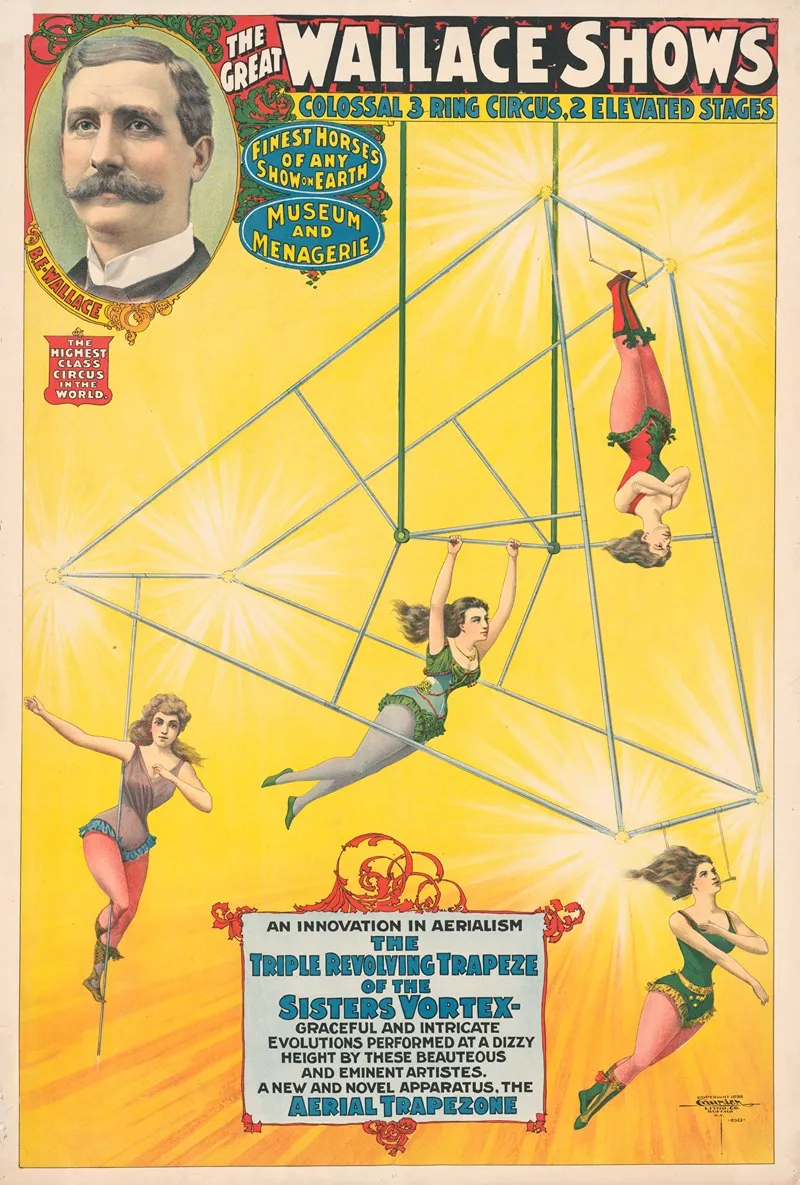The Great Wallace Shows An Innovation In Aerialism The Triple Revolving Trapeze Of The Sisters Vortex Wall Art by Courier Litho. Co. - High-Resolution Digital Print