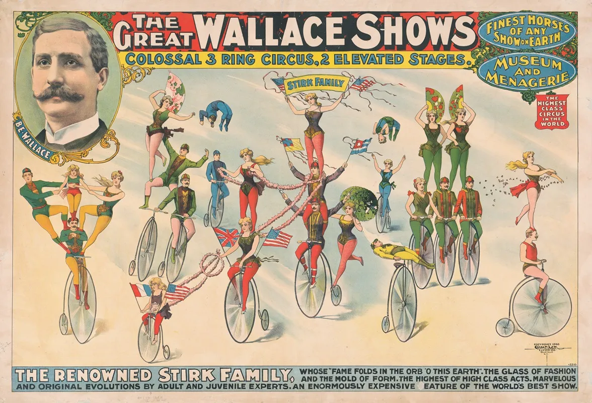The Great Wallace Shows Colossal 3 Ring Circus 2 Elevated Stages Wall Art by Courier Litho. Co. - High-Resolution Digital Print