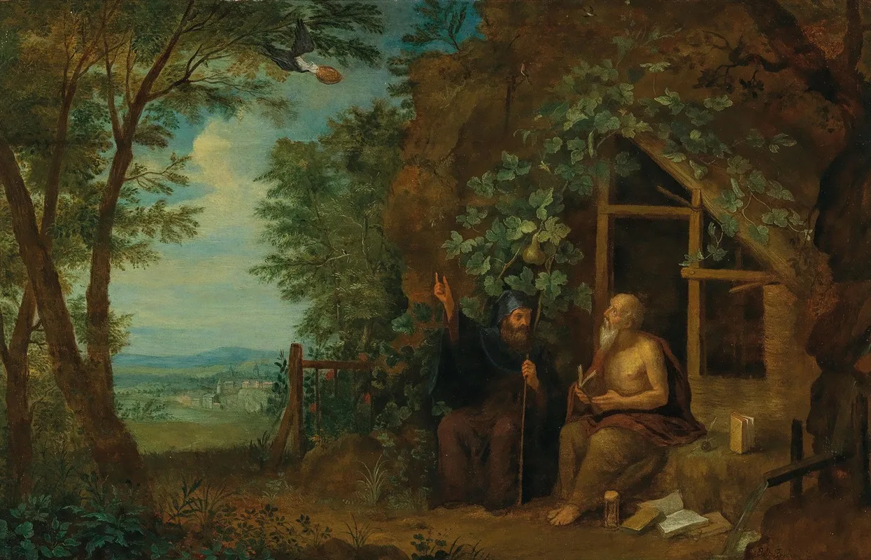 The Hermits Paulus And Antonius In A Landscape Fed By A Raven Wall Art by Balthasar Beschey - High-Resolution Digital Print