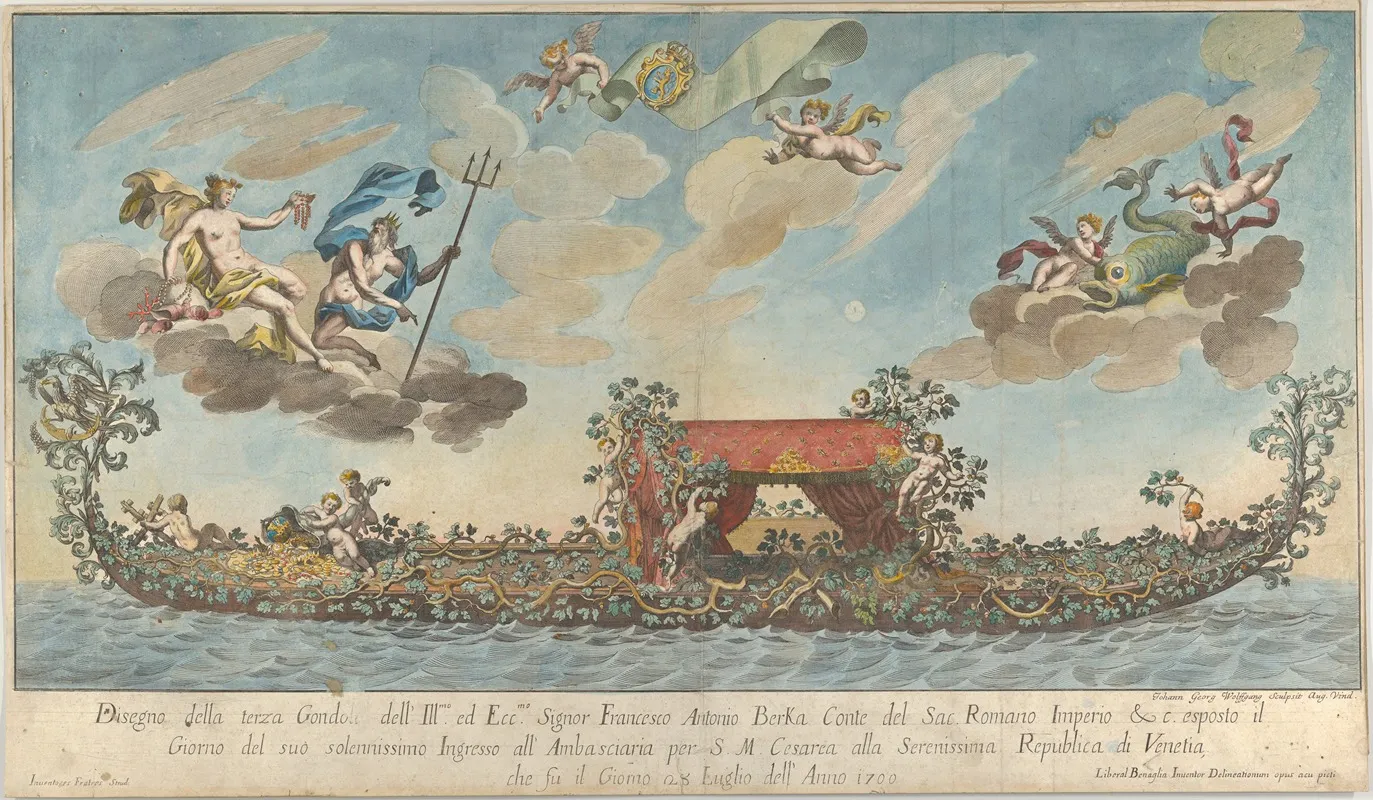 The Highly Ornamented Third Gondola Of Francesco Antonio Berka Entering Venice Wall Art by Johann Georg Wolfgang - High-Resolution Digital Print