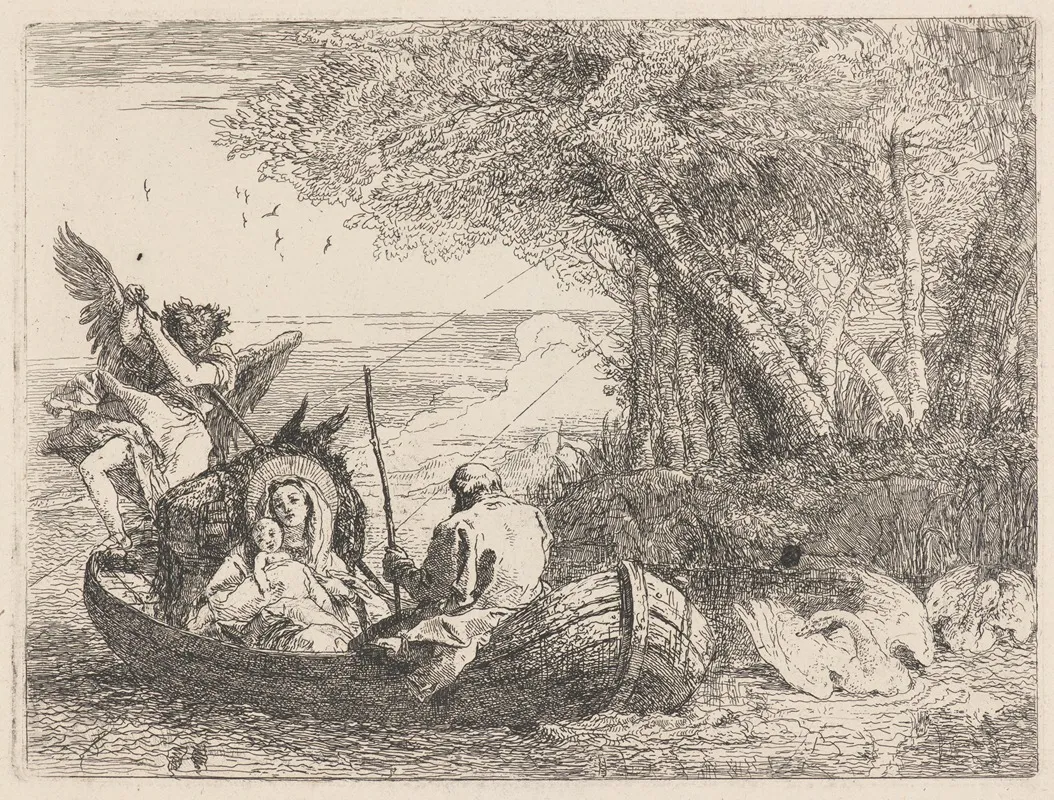 The Holy Family Being Ferried Across The River Wall Art by Giovanni Domenico Tiepolo - High-Resolution Digital Print