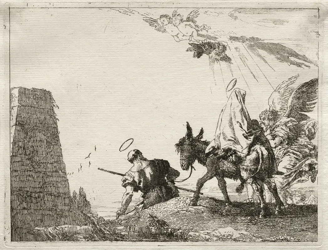 The Holy Family Passing Near A Pyramid Wall Art by Giovanni Domenico Tiepolo - High-Resolution Digital Print