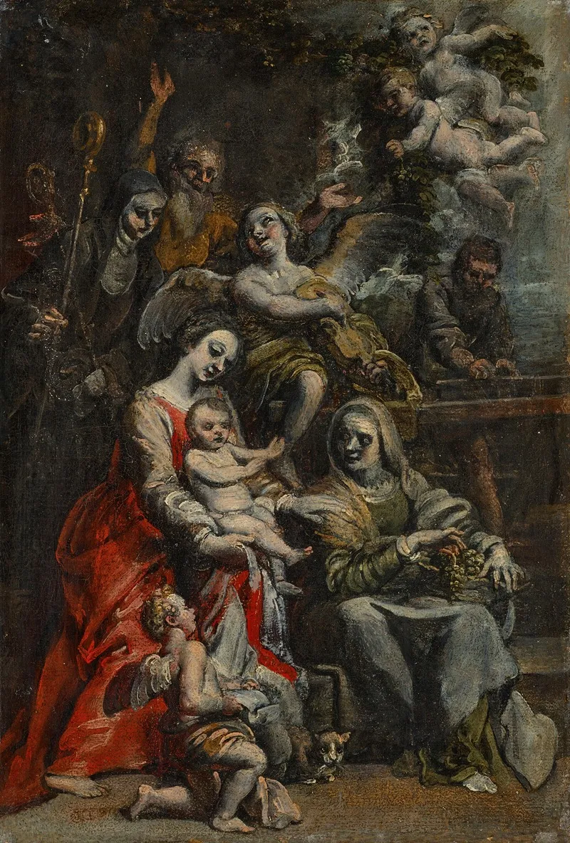 The Holy Family With Saint Anne Other Saints And Angels Wall Art by Theodor van Loon - High-Resolution Digital Print