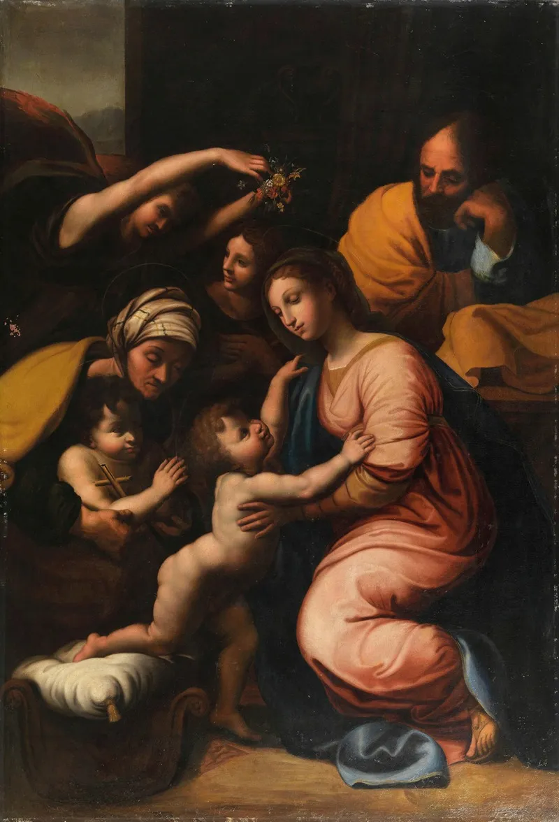 The Holy Family With Saint Elizabeth The Infant John And Two Angels Wall Art by Follower of Raphael - High-Resolution Digital Print