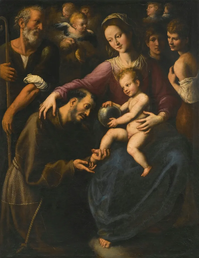 The Holy Family With Saint Francis Of Assisi Adoring The Christ Child With Two Youths And Angels Above Wall Art by Fabrizio Santafede - High-Resolution Digital Print