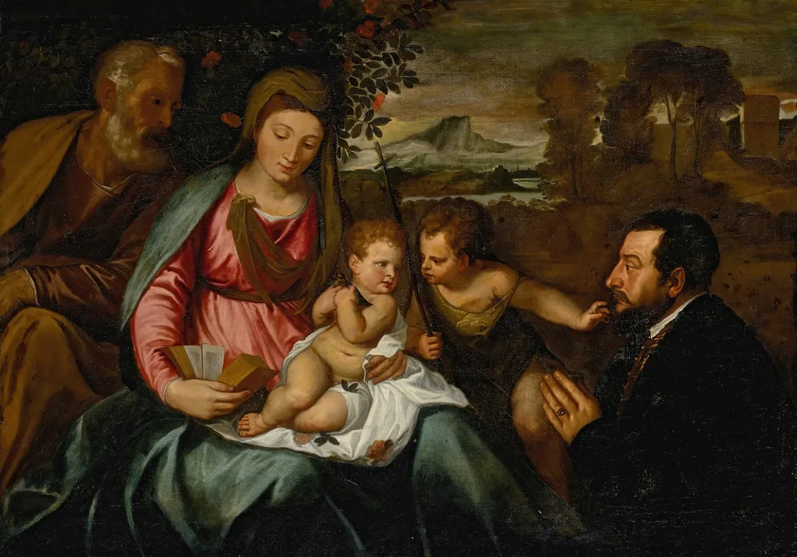 The Holy Family With Saint John The Baptist And A Donor Wall Art by Follower of Titian - High-Resolution Digital Print