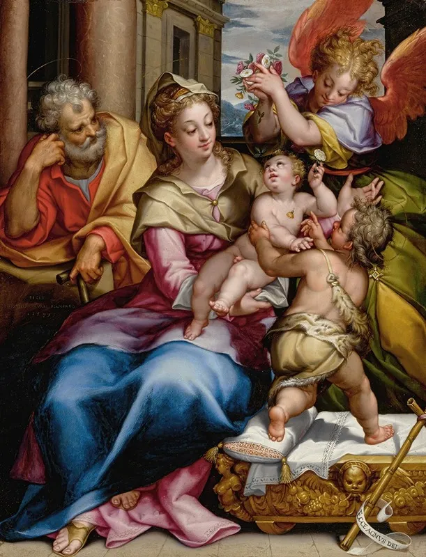 The Holy Family With Saint John The Baptist And An Angel Wall Art by Denys Calvaert - High-Resolution Digital Print