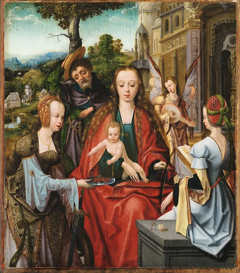 The Holy Family With Two Saints Wall Art by Master of the Antwerp Adoration - High-Resolution Digital Print
