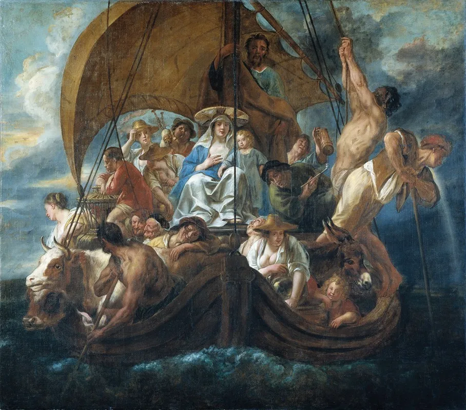 The Holy Family With Various Persons And Animals In A Boat
