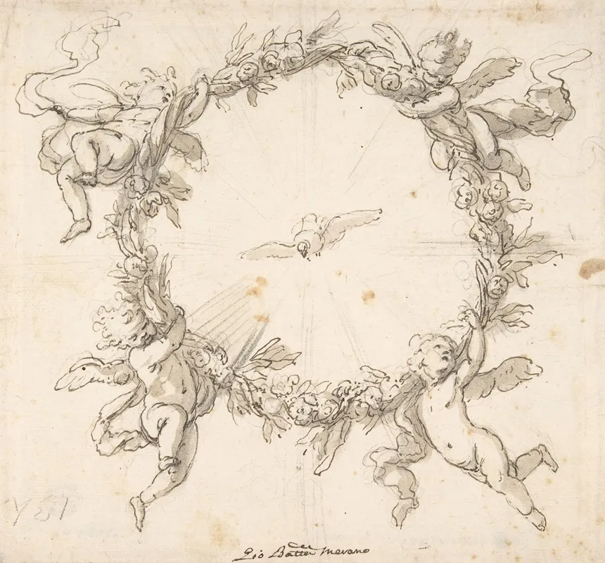 The Holy Spirit Surrounded By A Wreath Of Flowers Held Up By Infant Angels Wall Art by Giovanni Battista Merano - High-Resolution Digital Print