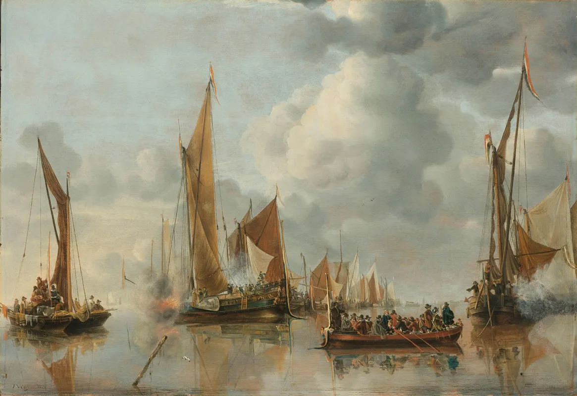 The Home Fleet Saluting The State Barge 2 Wall Art by Jan van de Cappelle - High-Resolution Digital Print