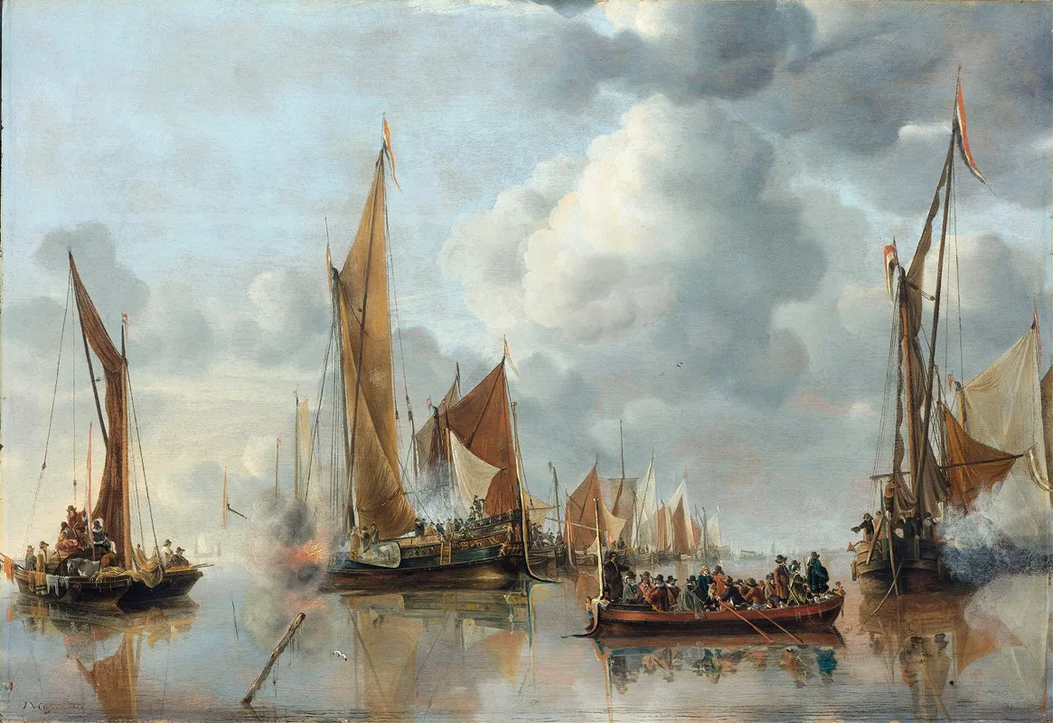 The Home Fleet Saluting The State Barge Wall Art by Jan van de Cappelle - High-Resolution Digital Print