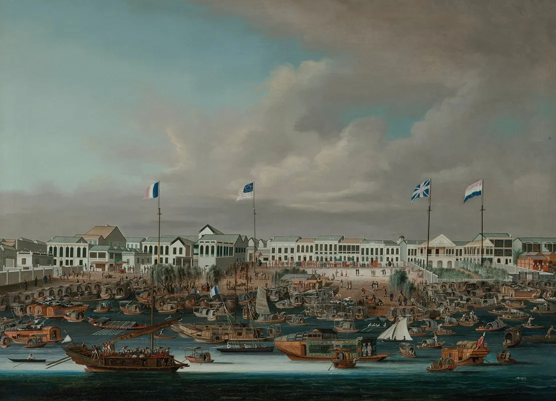 The Hongs Of Canton Showing The French American British And Dutch Flags Wall Art by Sunqua - High-Resolution Digital Print