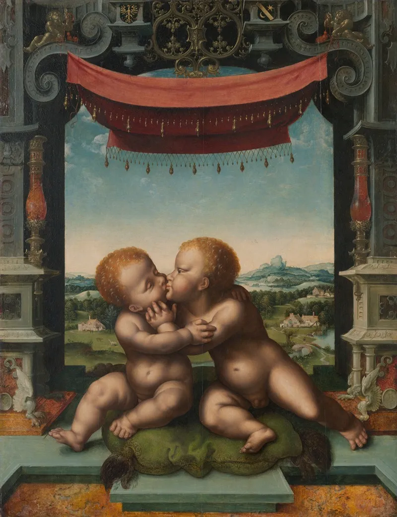 The Infants Christ And Saint John The Baptist Embracing Wall Art by Workshop of Joos van Cleve - High-Resolution Digital Print