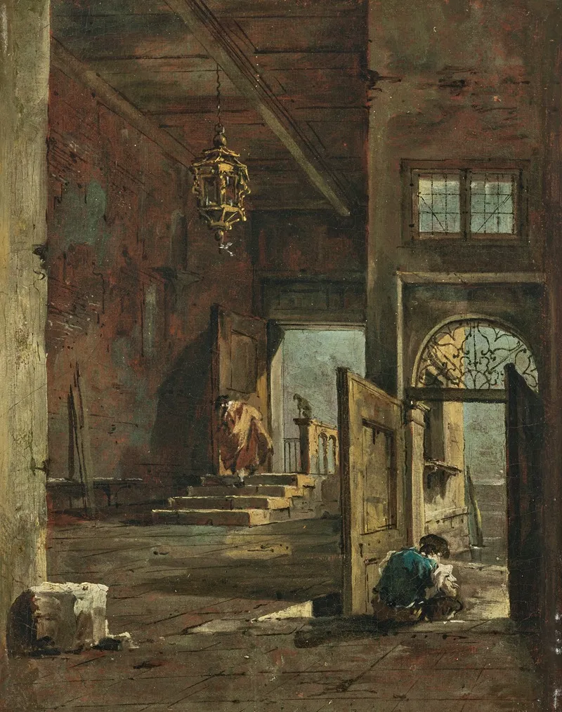 The Interior Courtyard Of A Venetian Palazzo With Two Figures Wall Art by Francesco Guardi - High-Resolution Digital Print