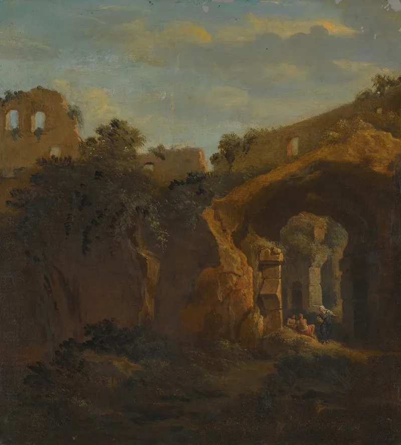 The Interior Of The Colosseum With Figures Resting Under An Archway