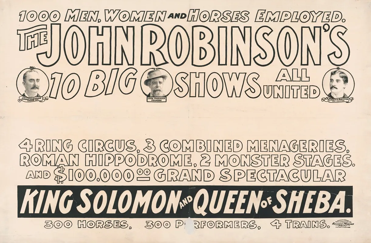 The John Robinsons 10 Big Shows All United 1000 Men Women Horses Employed 4 Ring Circus 2 Monster Stages 4 Trains Wall Art by Russell, Morgan &amp; Co. - High-Resolution Digital Print