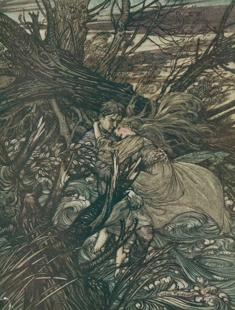 The Knight Took The Beautiful Girl In His Arms And Bore Her Over The Narrow Space Where The Stream Had Divided Her Little Island From The Shore Wall Art by Arthur Rackham - High-Resolution Digital Print