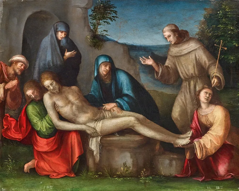The Lamentation Of Christ With Angels Wall Art by Francesco Raibolini - High-Resolution Digital Print