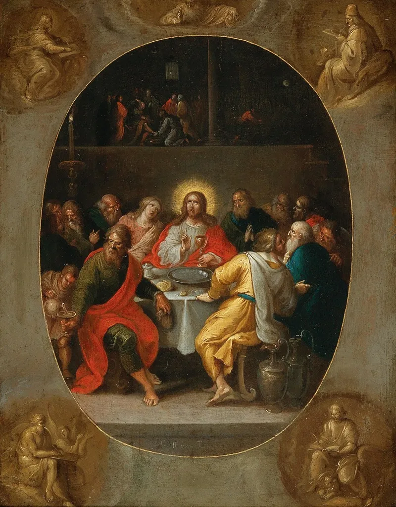 The Last Supper In A Painted Oval Godfather And The Four Evangelists Painted En Grisaille In The Corners Wall Art by Frans Francken the Younger - High-Resolution Digital Print