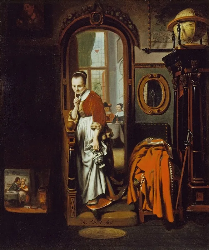 The Listening Housewife The Eavesdropper Wall Art by Nicolaes Maes - High-Resolution Digital Print