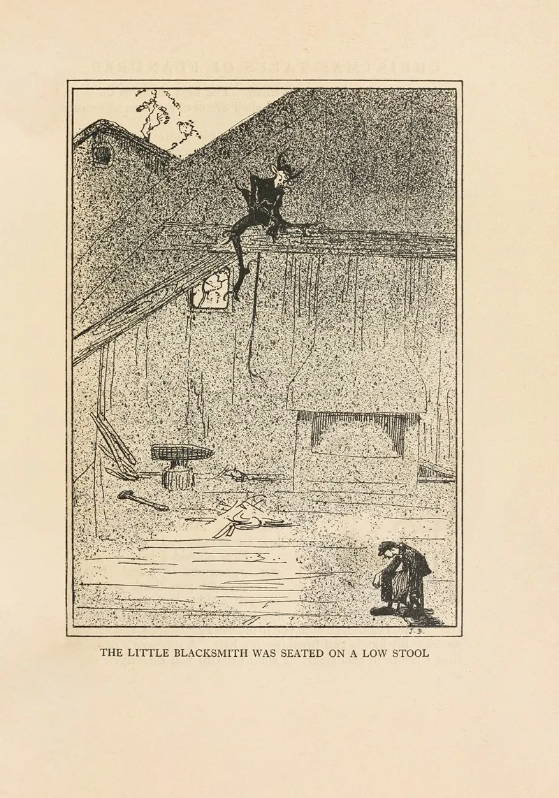 The Little Blacksmith Was Seated On A Low Stool