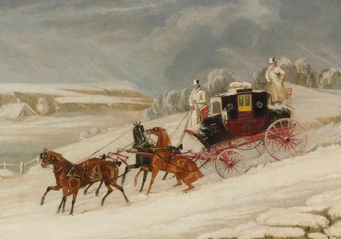 The London Glasgow Royal Mail Coach Descending A Hill In A Snowstorm Wall Art by James Pollard - High-Resolution Digital Print