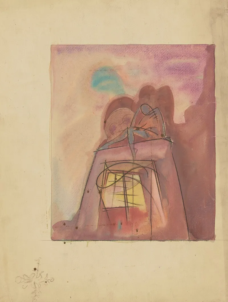 The Machine Age Sketch No 1 Human Figure Seated On Structure With Window Wall Art by Walter Walden - High-Resolution Digital Print