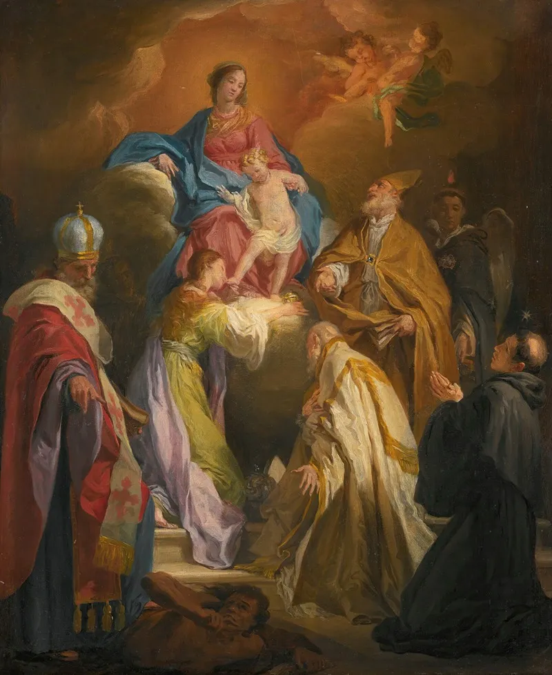 The Madonna And Child Attended By Saints And Bishops Wall Art by Domenico Corvi - High-Resolution Digital Print
