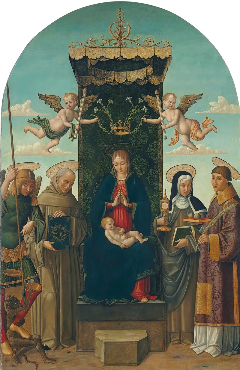 The Madonna And Child Enthroned With Saints Michael Bernardino Of Siena Clare And Stephen Wall Art by Gian Giacomo d'Alladio - High-Resolution Digital Print