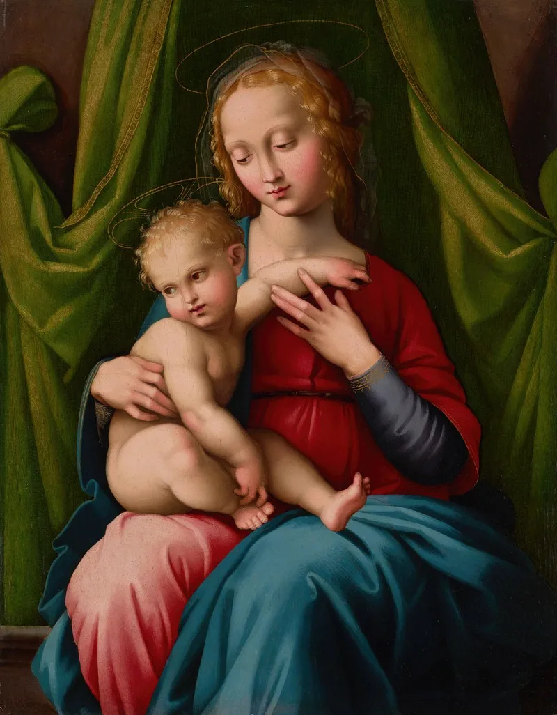 The Madonna And Child Seated Beneath A Green Draped Curtain Wall Art by Master of the Scandicci Lamentation - High-Resolution Digital Print