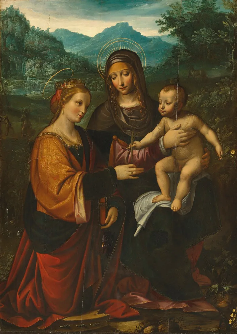 The Madonna And Child With Saint Catherine Of Alexandria In A Landscape Wall Art by Andrea Bianchi - High-Resolution Digital Print