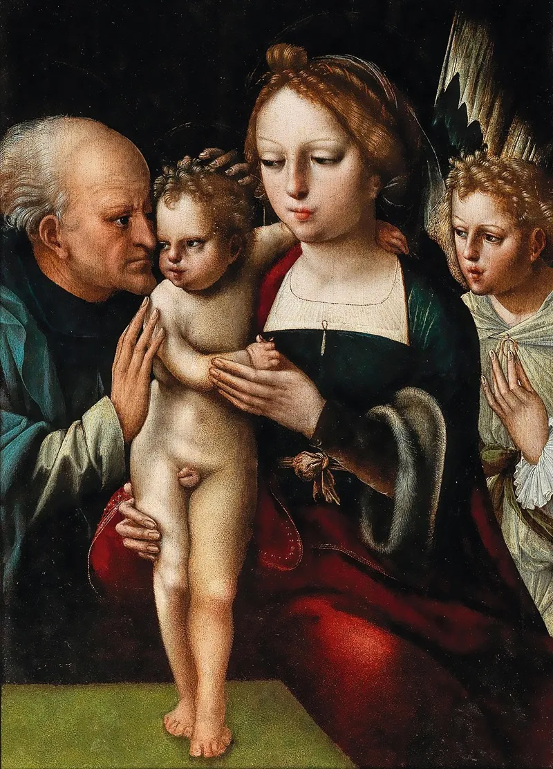 The Madonna And Child With Saint Eligius And An Angel Wall Art by The Master of the Parrot - High-Resolution Digital Print