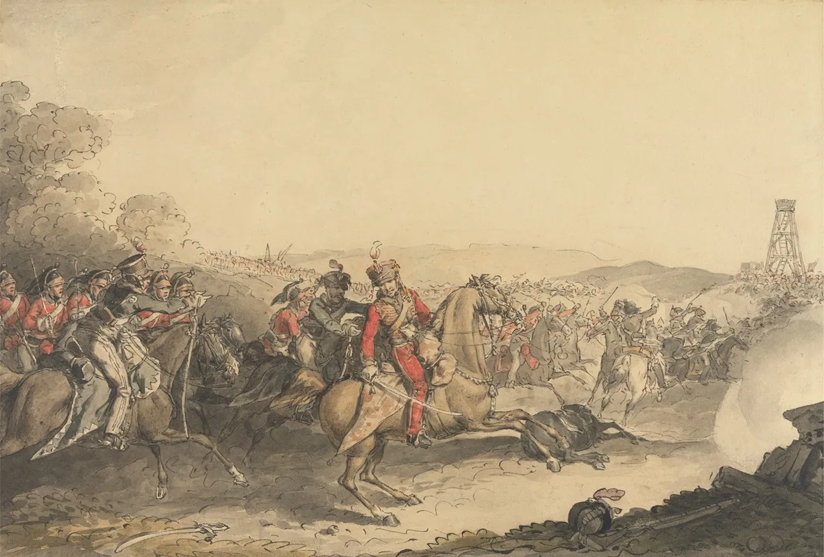 The Marquis Of Anglesea Wounded Whilst Leading A Charge Of Heavy Cavalry At The Close Of The Battle Of Waterloo Wall Art by John Augustus Atkinson - High-Resolution Digital Print