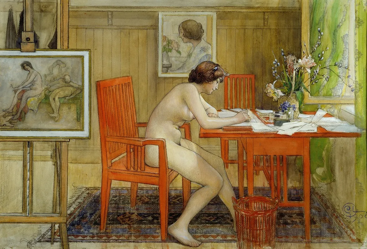 The Model Writing A Postcard Wall Art by Carl Larsson - High-Resolution Digital Print