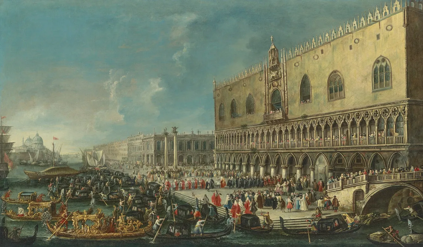 The Molo Venice Looking West With The Reception Of The Papal Nuncio Carlo Gaetano Stampa 1667 1742 Later Cardinal Archbishop Of Milan At The Doges Palace On 15 July 1721 Wall Art by Antonio Stom - High-Resolution Digital Print