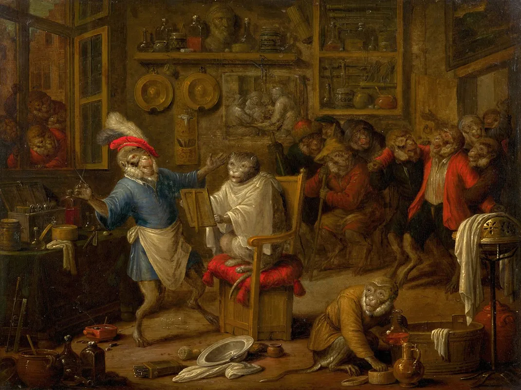 The Monkey Hairdressers Workshop Wall Art by Nicolaes van Veerendael - High-Resolution Digital Print