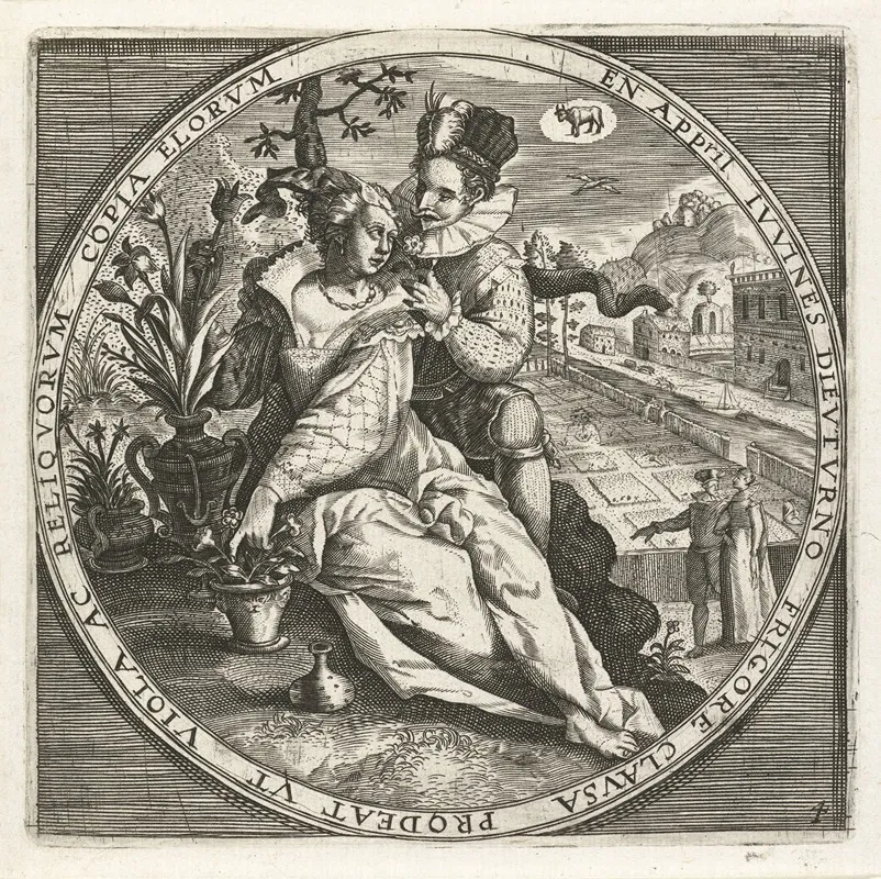 The Month Of April A Couple In The Garden Wall Art by Crispijn van de Passe the Elder - High-Resolution Digital Print