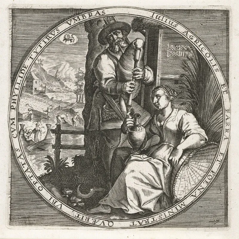The Month Of July Bagpiper And Woman With Jug Wall Art by Crispijn van de Passe the Elder - High-Resolution Digital Print