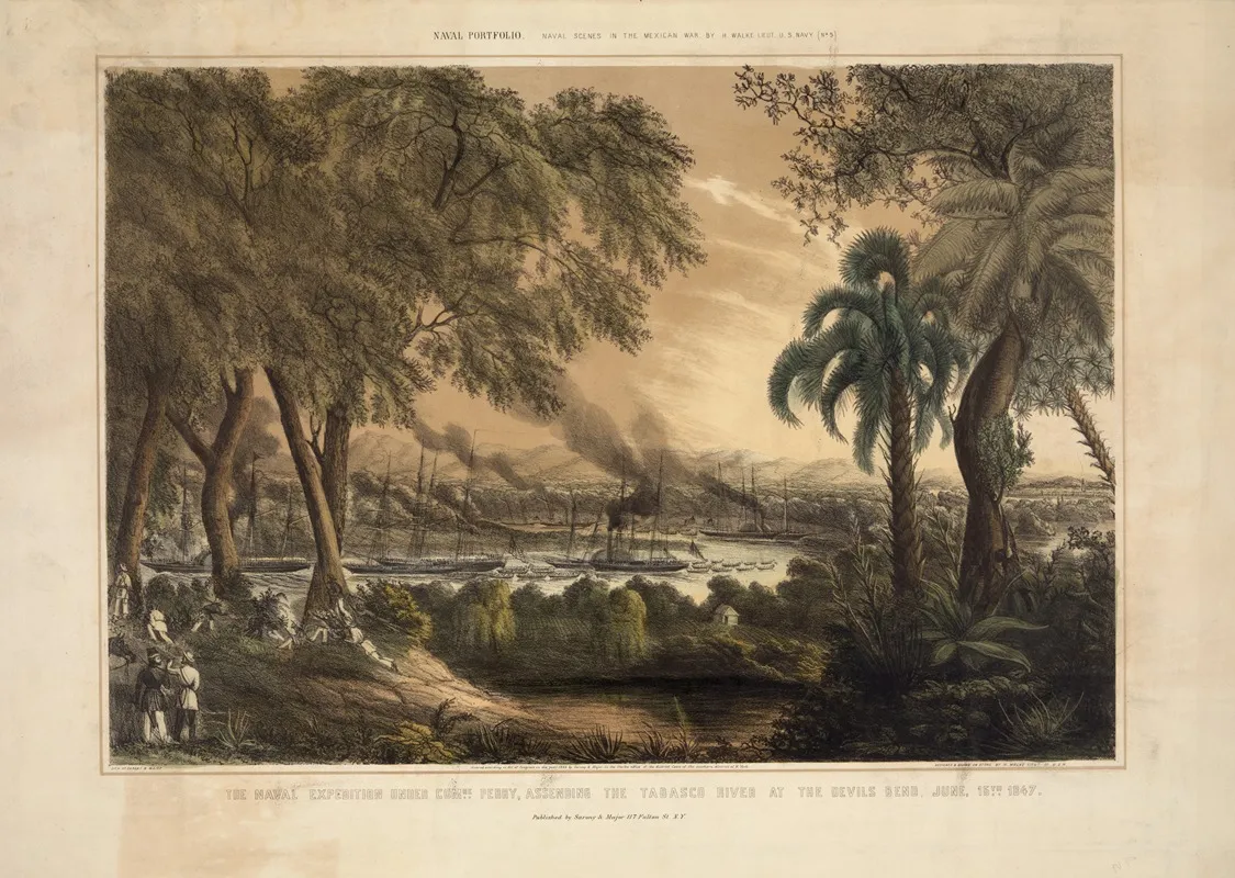 The Naval Expedition Under Commodore Perry Assending The Tabasco River At The Devils Bend June 15th 1847 Wall Art by Sarony, Major & Knapp Lith. - High-Resolution Digital Print