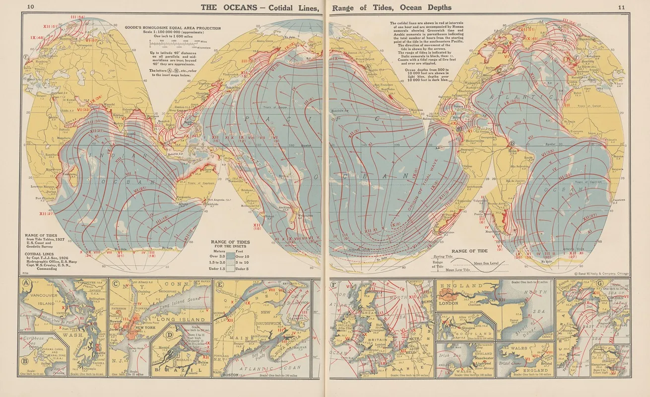 The Oceans Cotidal Lines Range Of Tides Ocean Depths Wall Art by John Paul Goode - High-Resolution Digital Print