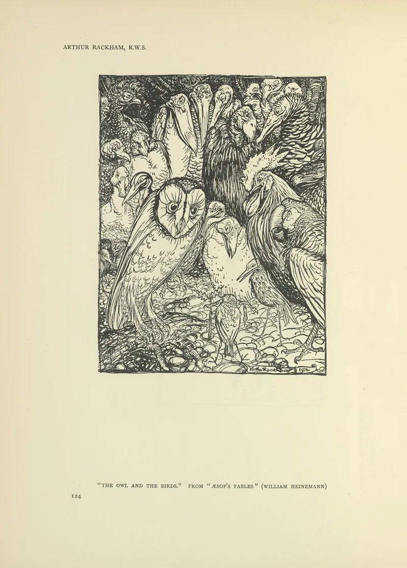 The Owl And The Birds Aesops Fables Wall Art by Arthur Rackham - High-Resolution Digital Print